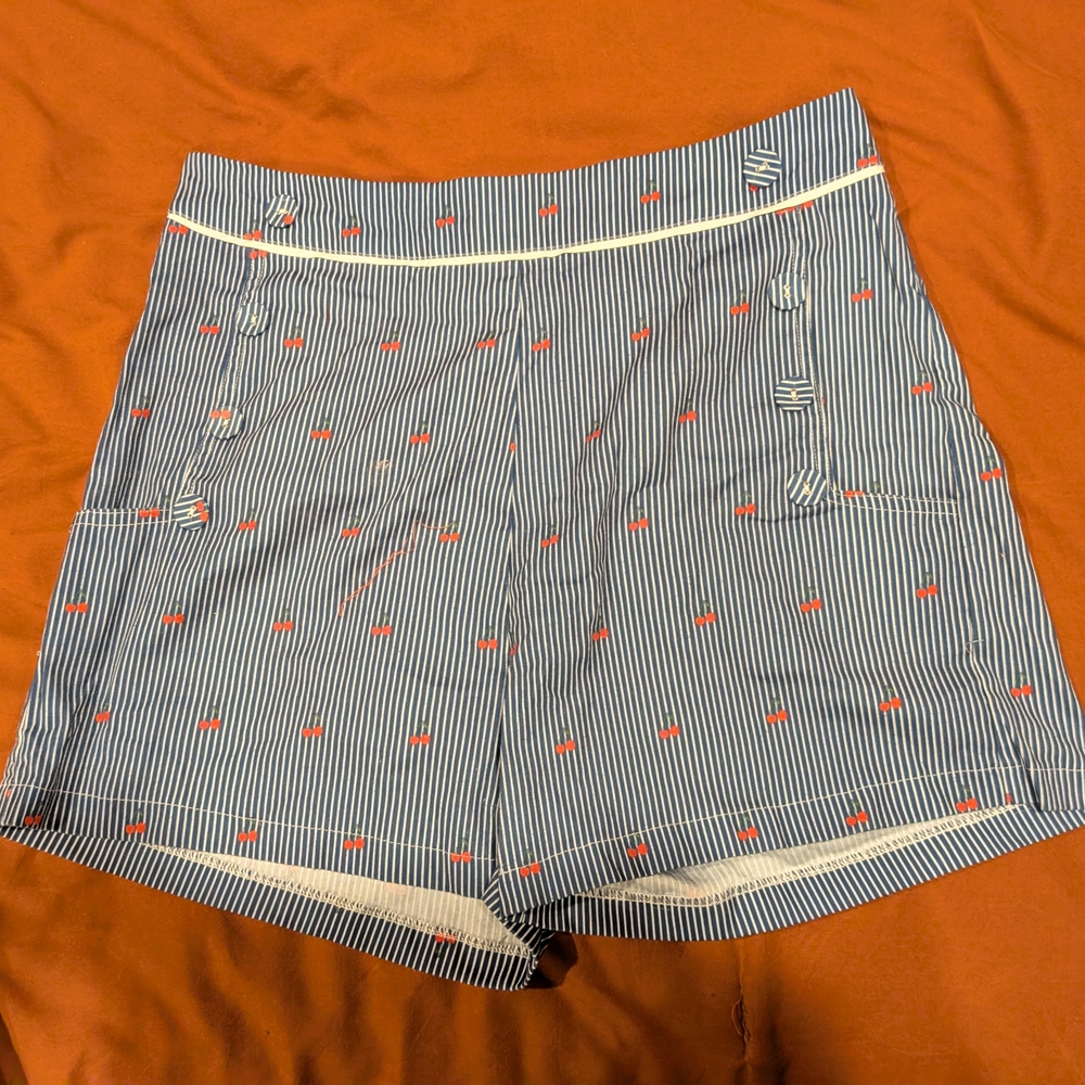 Voodoo Vixen High Waist Blue and White Striped Shorts With Cherries